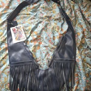 Sash Faux Fringe Hobo Bag Navy